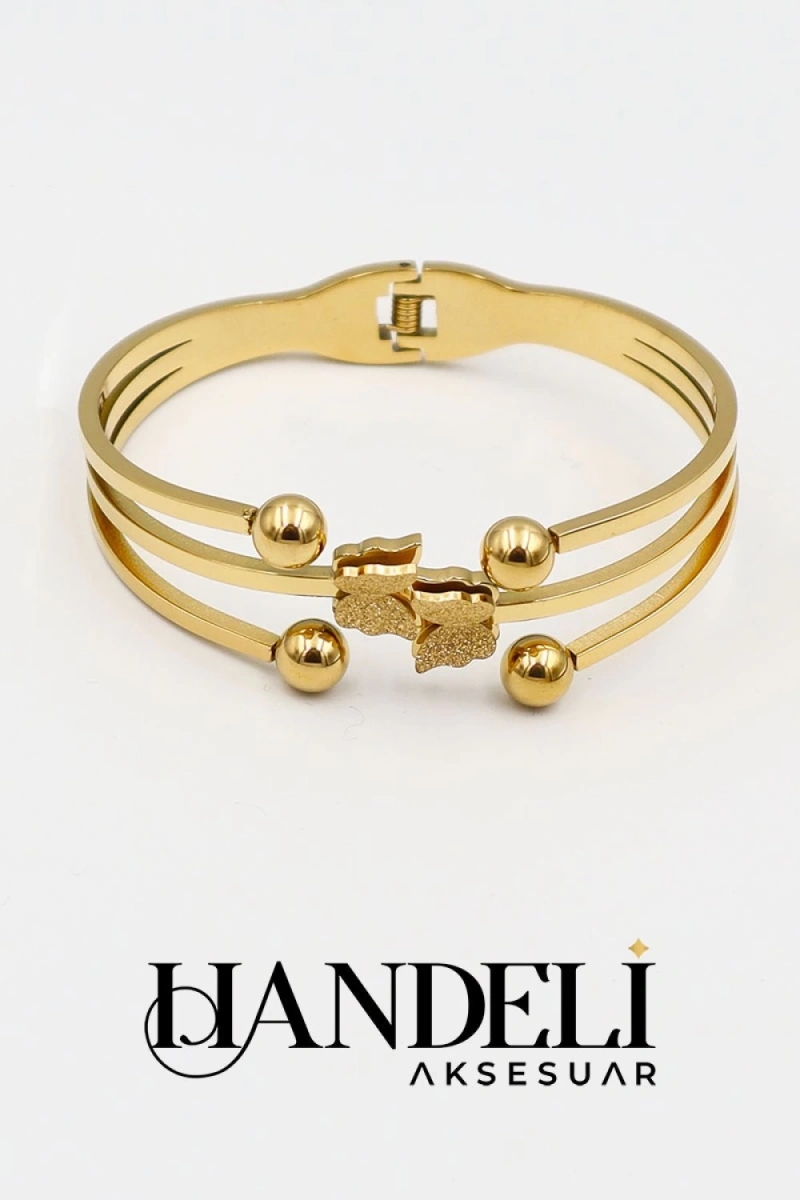 Top Başlı Simli Kelebek Model Gold Altın Kaplama Bileklik
