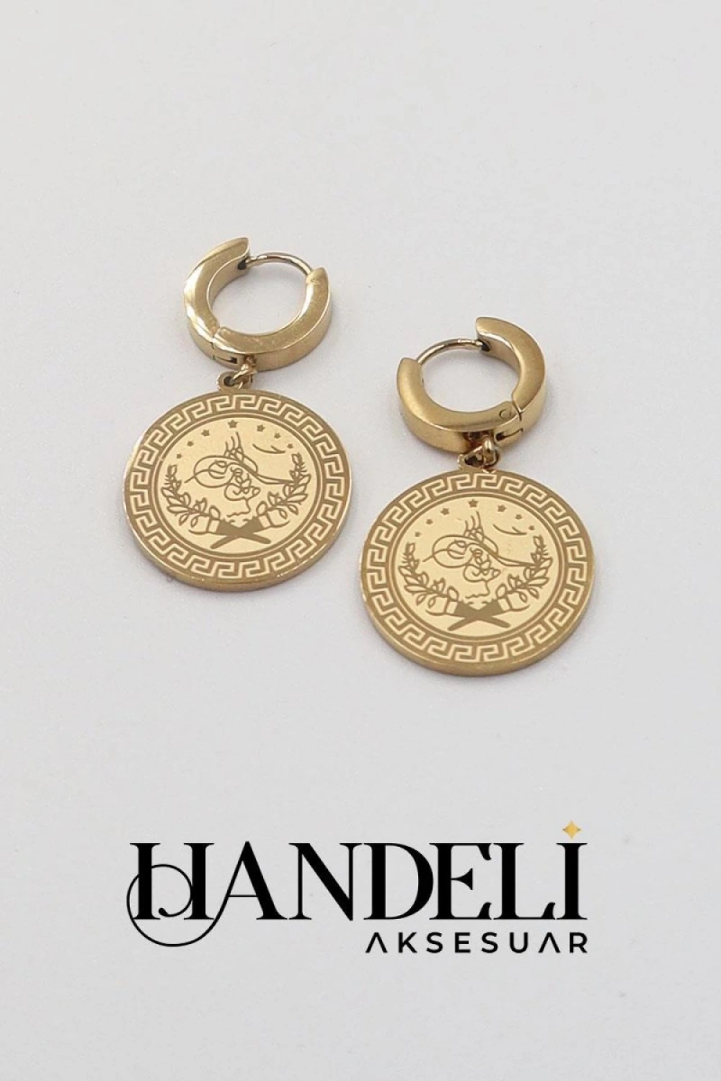 Tuğra İşlemeli Model Gold Altın Kaplama Çelik Küpe