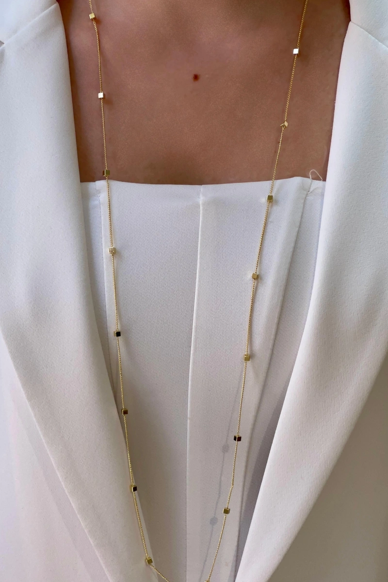 Uzun Küp Blok Model Gold Altın Kaplama Kolye