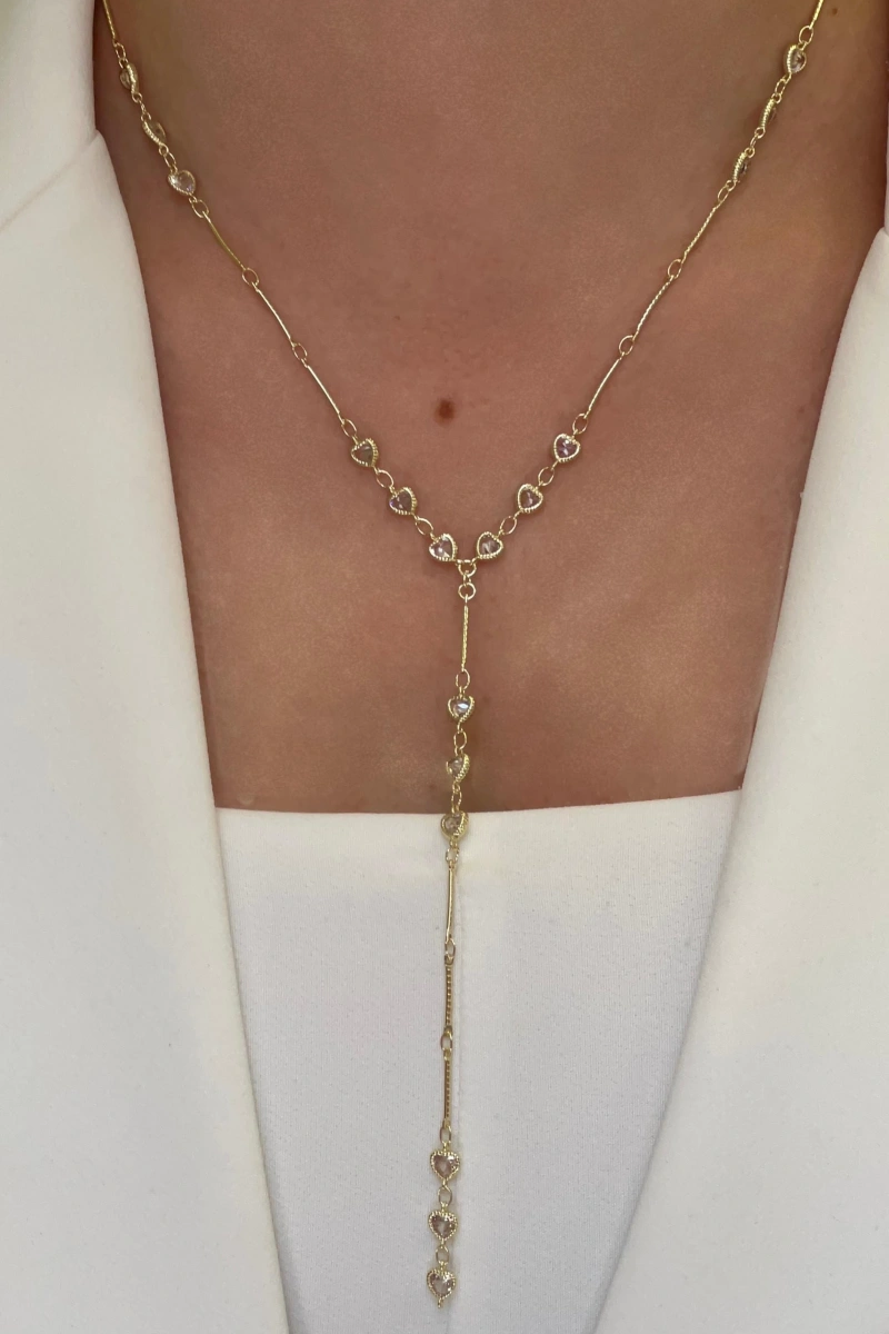 Y Model Dizili Kalp Gold Altın Kaplama Kolye