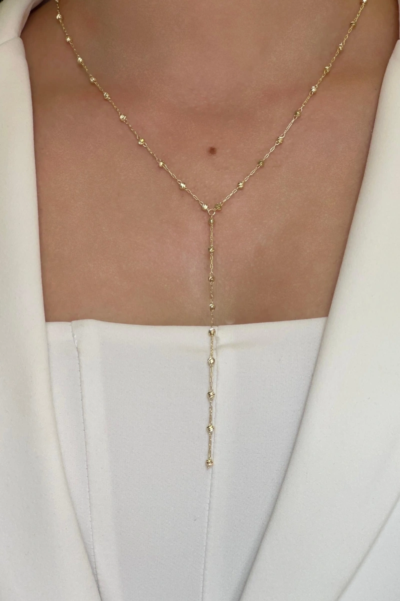 Y Model Düz Dorika Zincir Gold Altın Kaplama Kolye