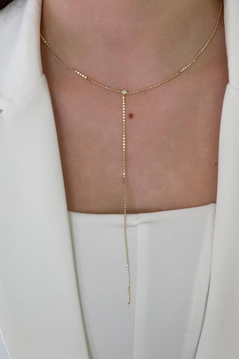 Y Model Pul Zincir Taş Detay Gold Altın Kaplama Kolye