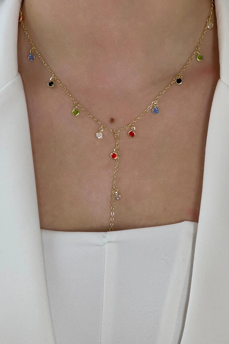 Y Model Renkli Pul Detay Gold Altın Kaplama Kolye