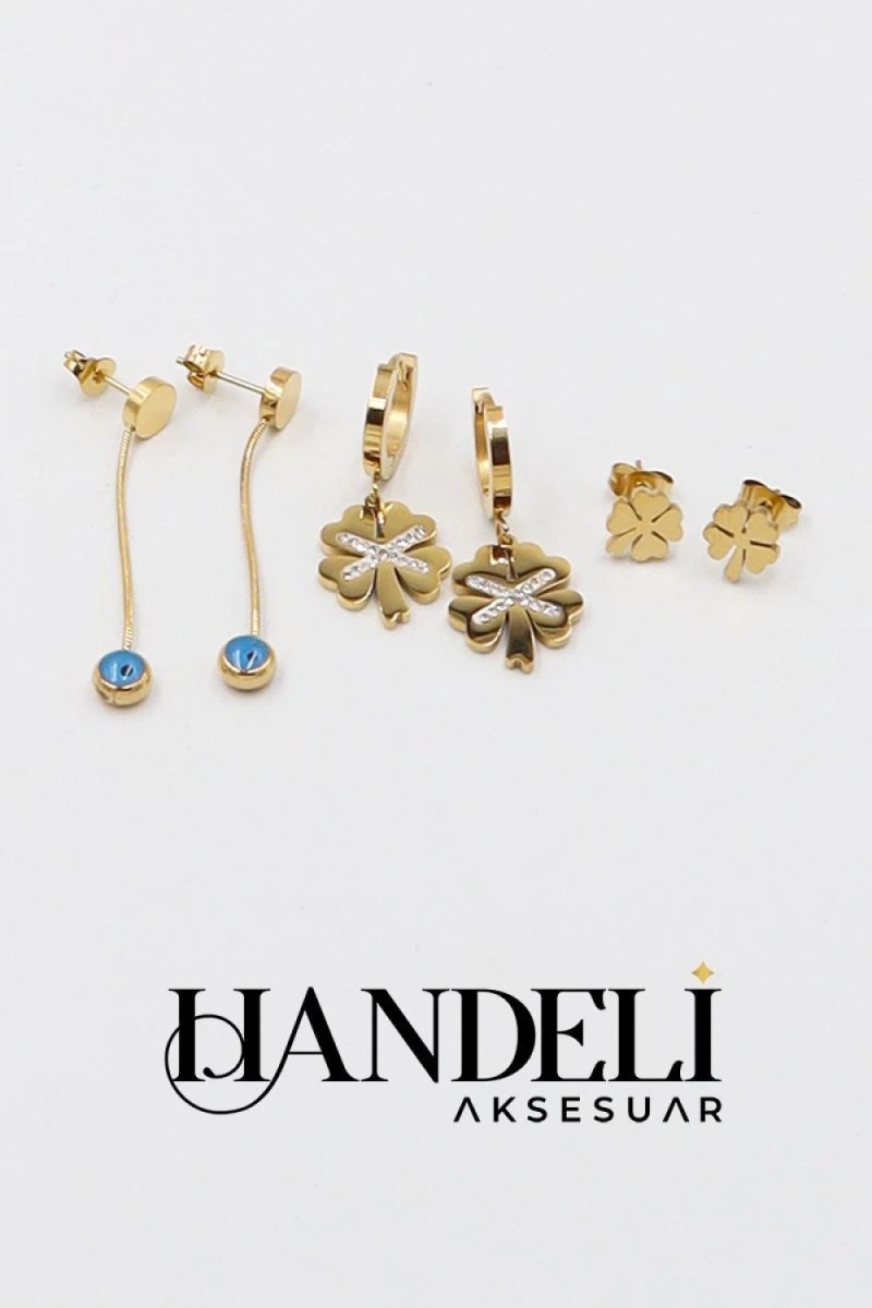 Yarı Taşlı Yonca Gold Altın Kaplama Çoklu Küpe