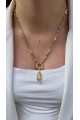 Halka Zincir Köşeli Taş Detay Gold Altın Kaplama Kolye