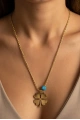 - İSİMLİ - Uzun Zincir Cam Boncuklu Orta Yonca Detay Gold Altın Kaplama Kolye