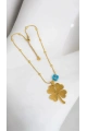 - İSİMLİ - Kısa Zincir Boncuklu Dorika Yonca Detay Gold Altın Kaplama Kolye