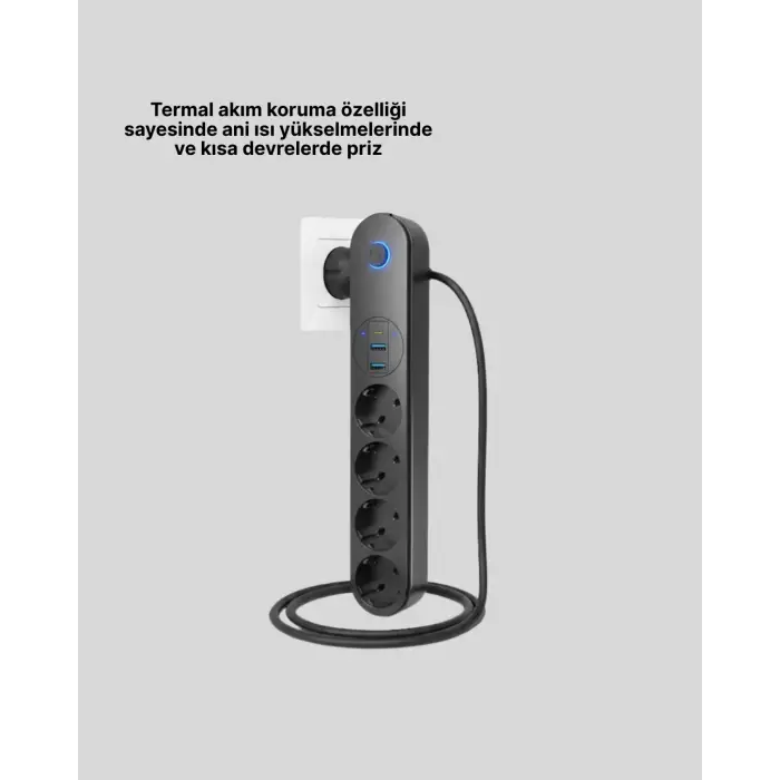 4 Priz 2 USB 1 Type-C Akım Korumalı Çoklu Priz Led Anahtarlı