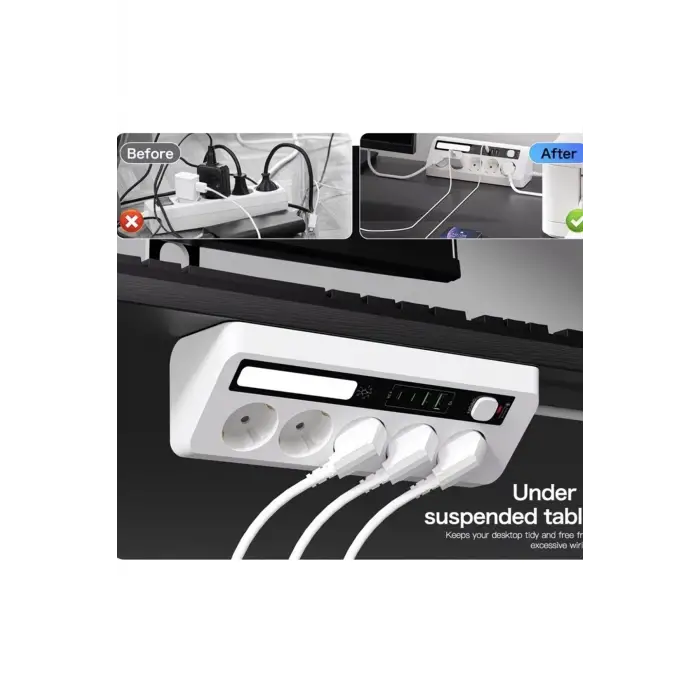 5’li Akım Korumalı Priz 2500w | 2 Usb + 2 Type-c Hızlı Şarj | Led Gece Lambalı | Dokunmatik Beyaz