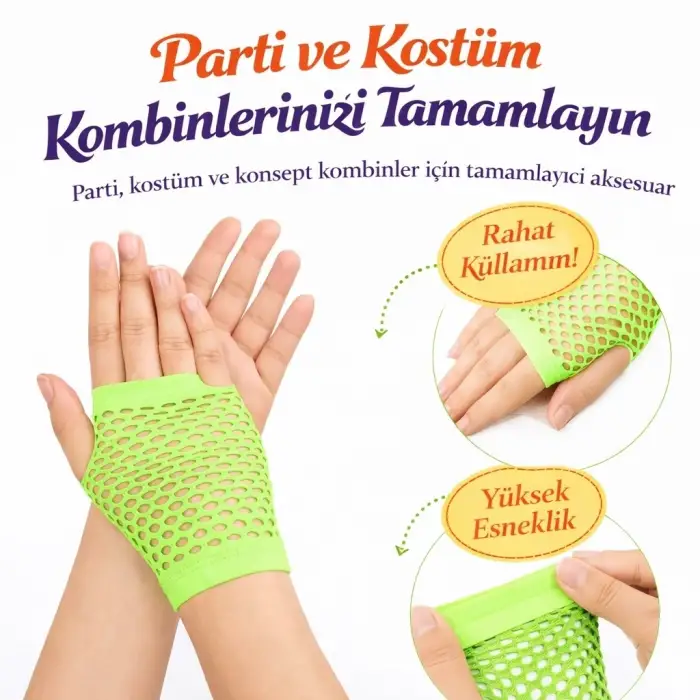 80’ler 90’lar Retro Neon Yeşil File Parmaksız Kısa Eldiven 11 Cm