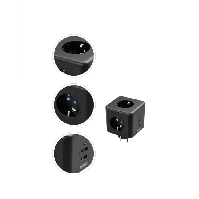 Akım ve Voltaj Korumalı Küp Priz 3 USB Destekli