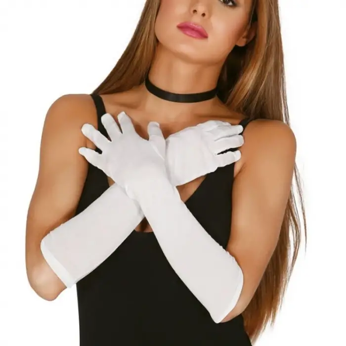 Beyaz Renk Dirseğe Kadar Uzun Kumaş Eldiven 40 cm (5047)