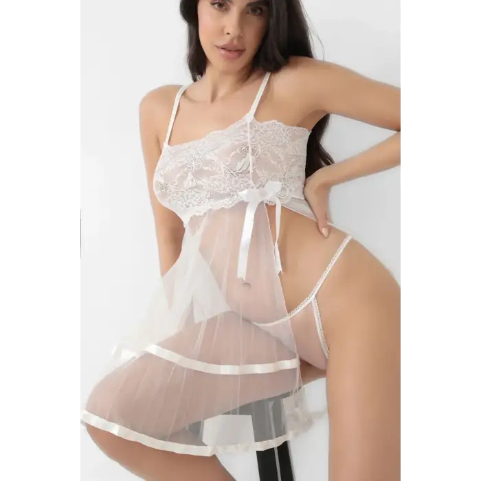 Beyaz Şifon Pileli Gecelik-835