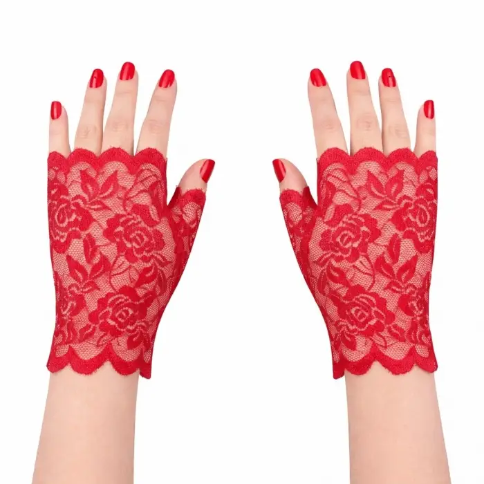 Kırmızı Dantel Parmaksız Kısa Eldiven