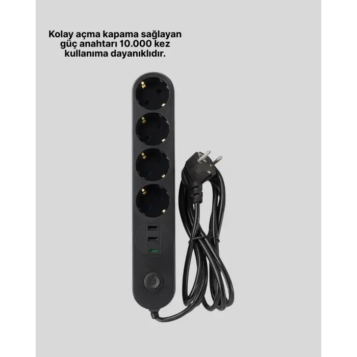 Led Anahtarlı Akım Korumalı Çoklu Priz 4 Priz 3 USB Girişli