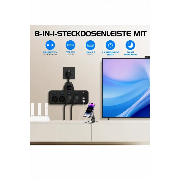 Termal Akım Korumalı 4’lü Duvar Tipi Priz 2x Usb 2x Type-c Çıkışlı Grup Priz Çoğaltıcı Siyah (2500w)