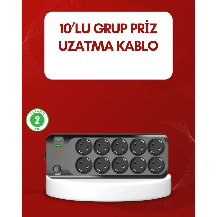 USB Type-C Destekli 10’lu Grup Priz Termal Korumalı 2m Kablo 2500W