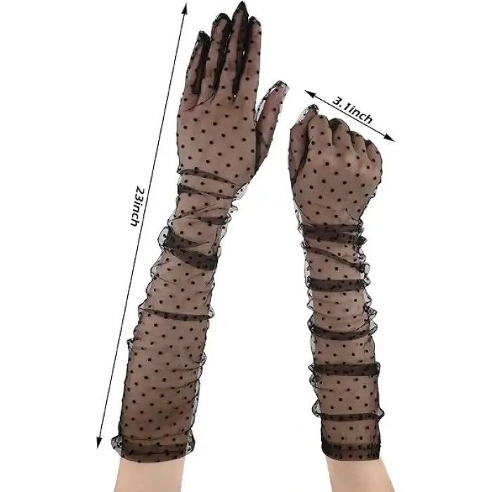 Uzun Boy Siyah Puantiyeli Siyah Renk Yetişkin Tül Eldiven 55 cm (5047)