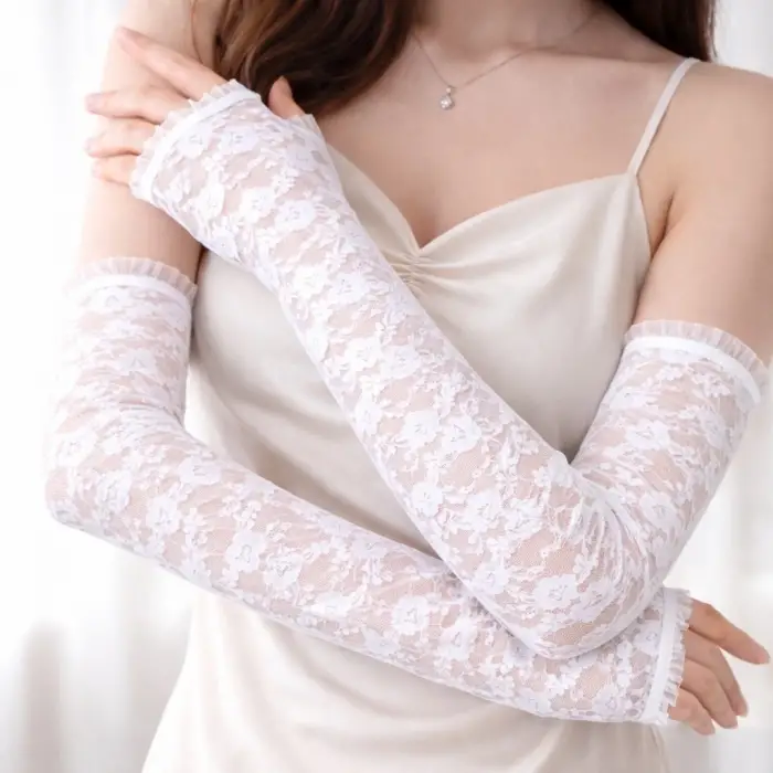 Uzun Zarif Dantel Eldiven Parmaksız Beyaz 35 Cm