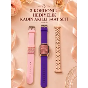 3 Kordonlu Rose Gold Kasalı Kadın Akıllı Saat Seti