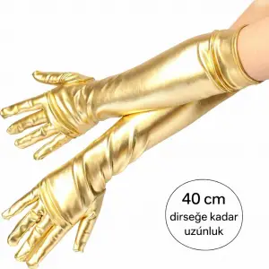 Altın Renk Dirsek Altı Lüks Saten Eldiven 40 Cm