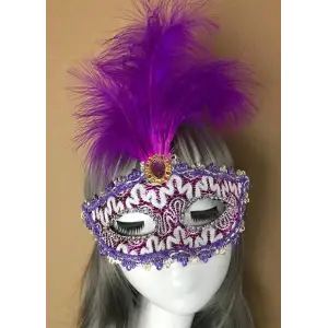 Mor Dantel İşlemeli Mor Tüylü Balo Parti Maskesi 17x20 cm (5047)