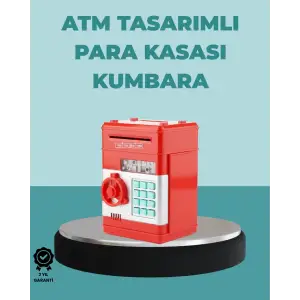 Şifreli Kırmızı ATM Tasarımlı Çelik Kasa Görünümlü Kumbara