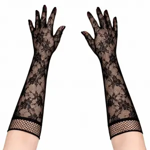 Siyah Uzun Gül Desenli Dantel Kadın Eldiveni