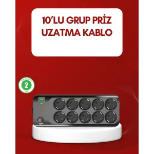 USB Type-C Destekli 10’lu Grup Priz Termal Korumalı 2m Kablo 2500W