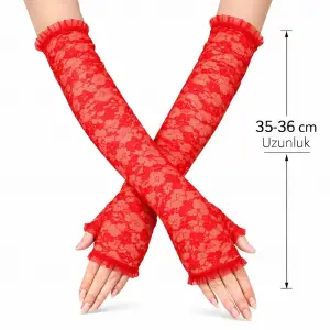Uzun Zarif Dantel Eldiven Parmaksız Kırmızı 35 Cm