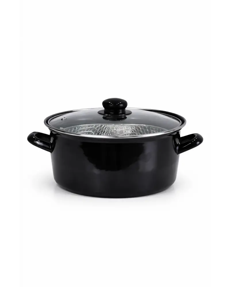 PR Home Emaye Cam Kapaklı Kızartma Tenceresi 24 cm Siyah