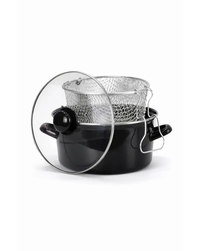 PR Home Emaye Cam Kapaklı Kızartma Tenceresi 24 cm Siyah
