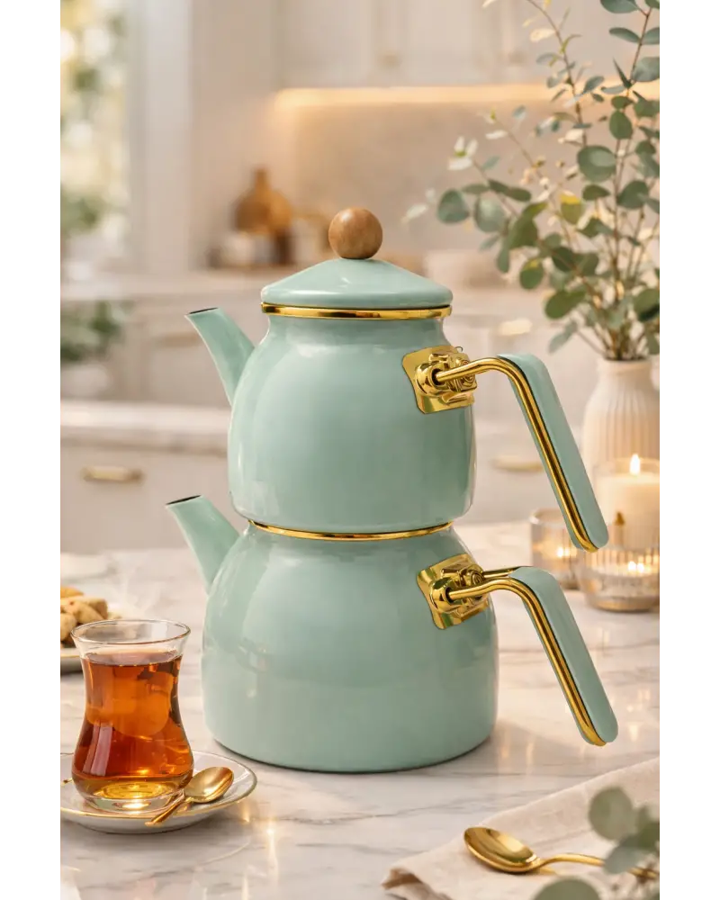 PR Home Soft Yeşil Rose Model Emaye Çaydanlık