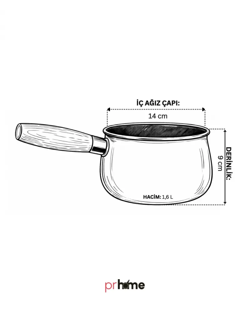 PR Home Magnolia Emaye Ahşap Saplı Haşlama ve Sos Tavası 14 cm Bombeli