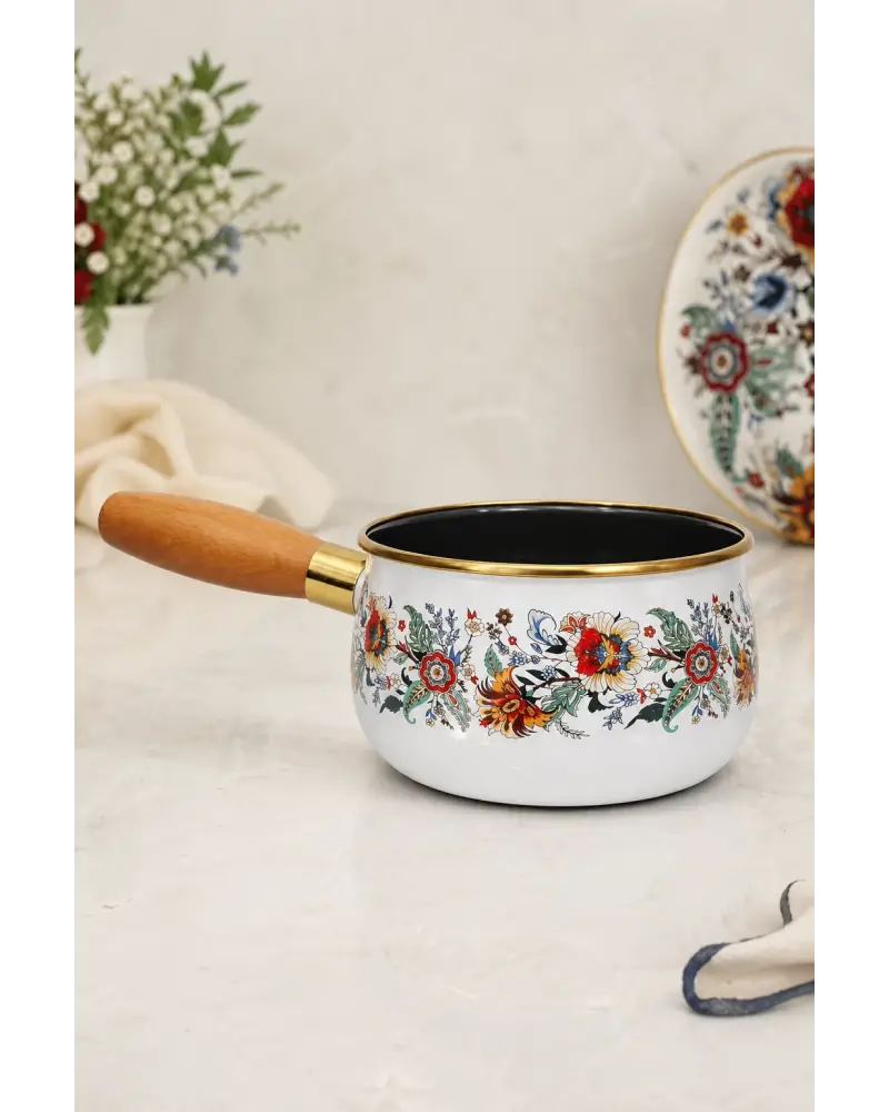 PR Home Magnolia Emaye Ahşap Saplı Haşlama ve Sos Tavası 14 cm Bombeli