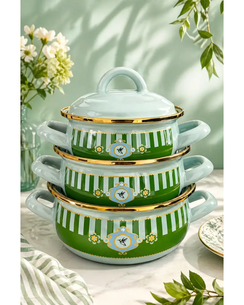 PR Home Alaria Yeşil Emaye Mini Tencere Seti 12-14-16 cm