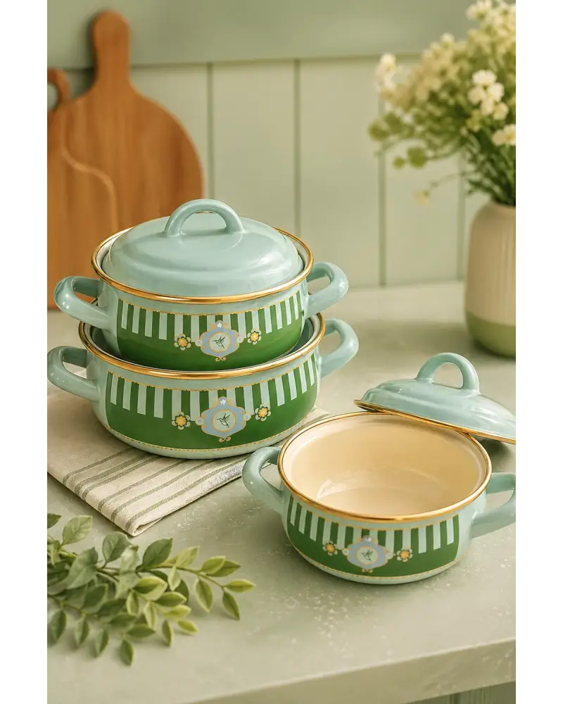 PR Home Alaria Yeşil Emaye Mini Tencere Seti 12-14-16 cm