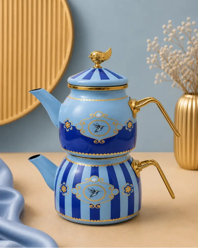 PR Home Alaria Mavi Rose Model Emaye Çaydanlık