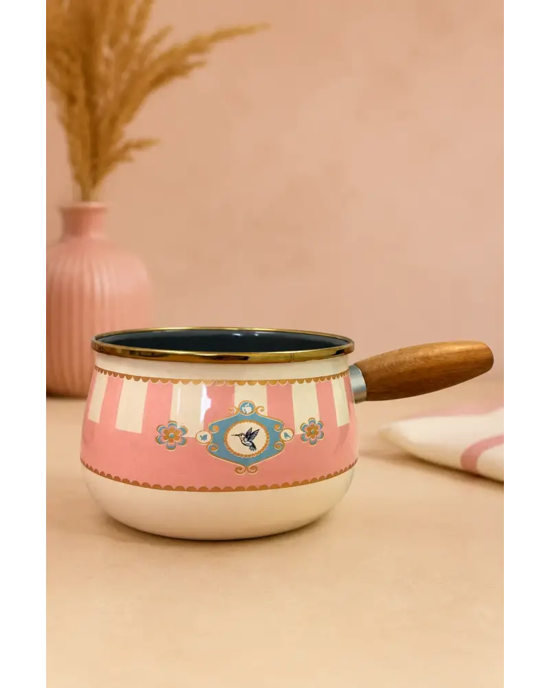 PR Home Alaria Pembe Emaye Ahşap Saplı Haşlama ve Sos Tavası 14 cm Bombeli