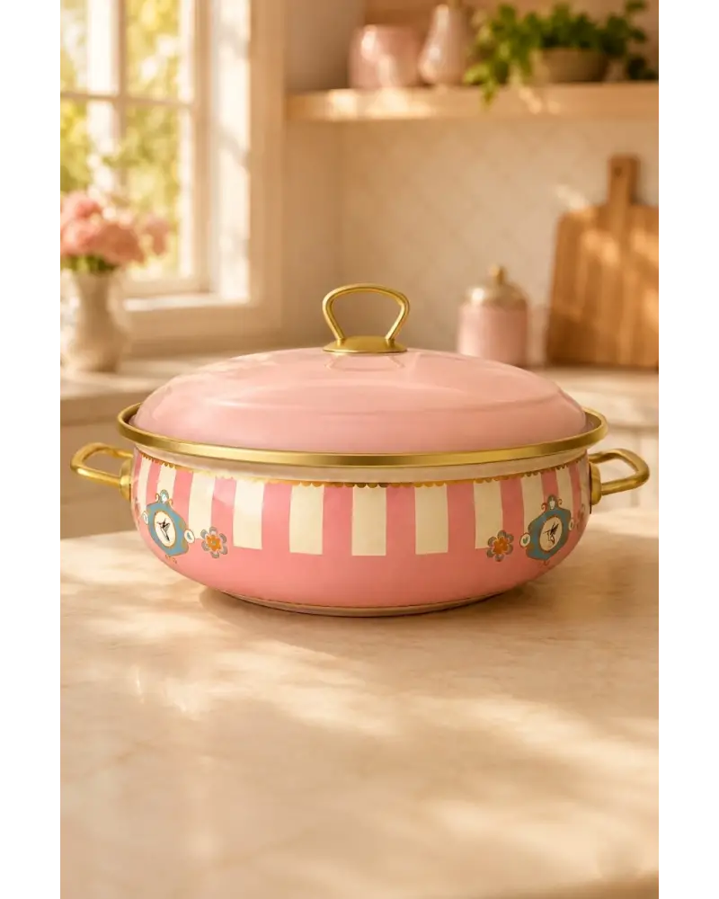 PR Home Alaria Pembe Derin Bombeli Emaye Karnıyarık Pilav Tenceresi 26 cm