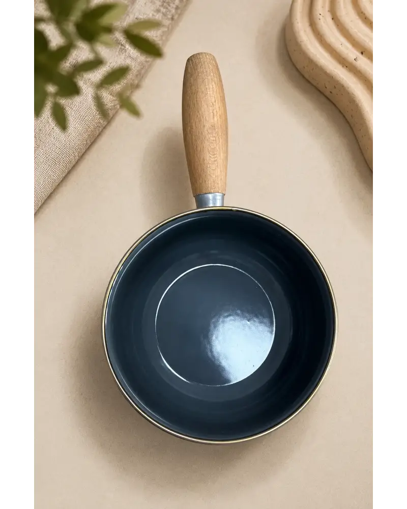 PR Home Krem Emaye Ahşap Saplı Haşlama ve Sos Tavası 14 cm Bombeli