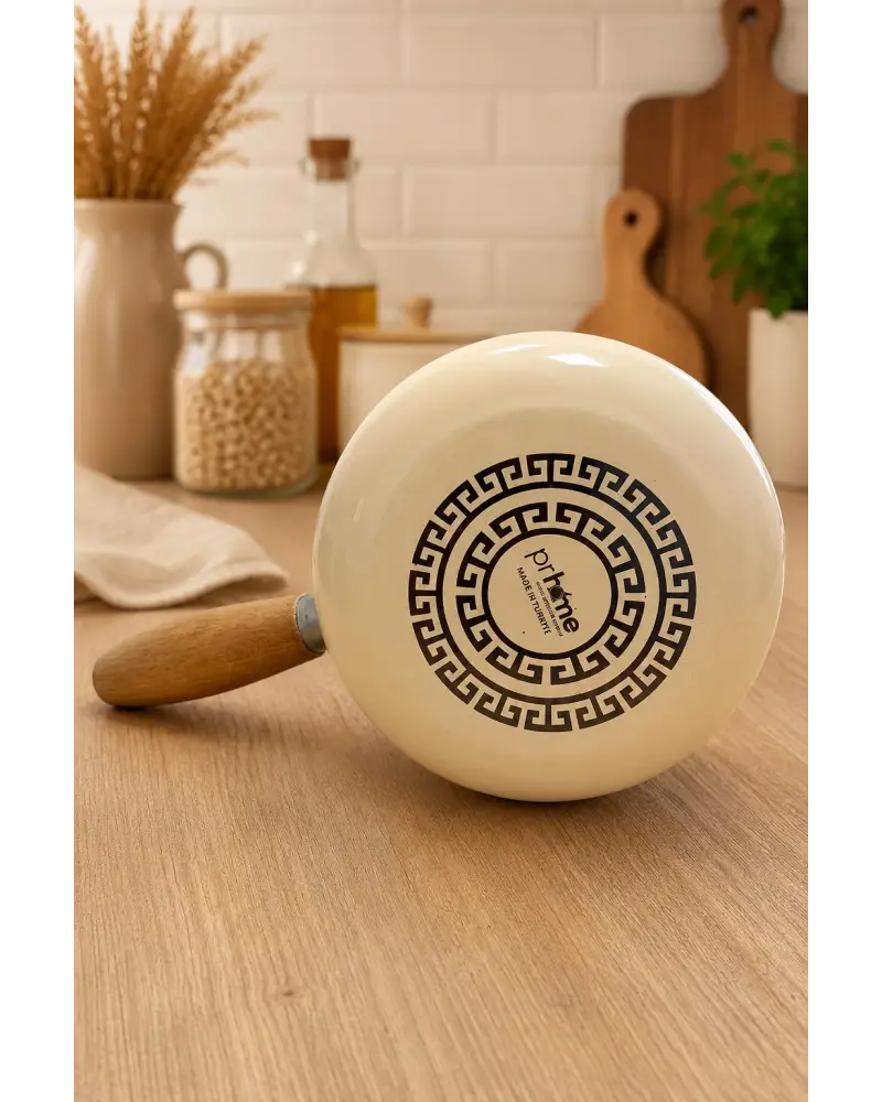 PR Home Krem Emaye Ahşap Saplı Haşlama ve Sos Tavası 14 cm Bombeli