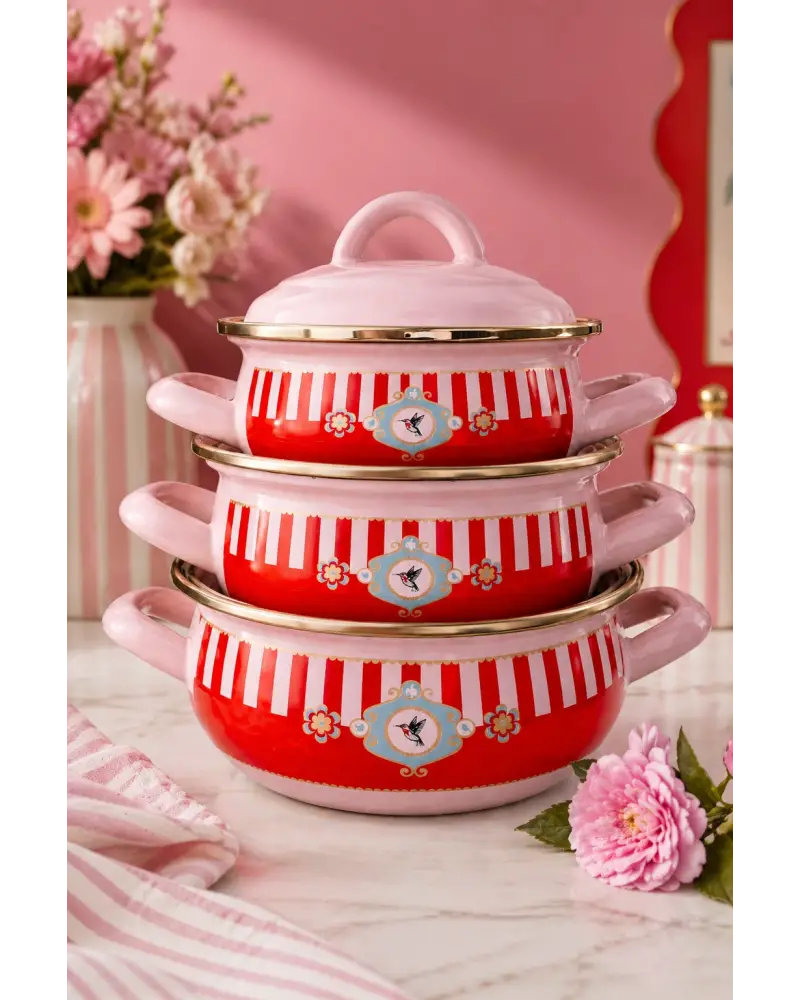 PR Home Alaria Pembe Emaye Mini Tencere Seti 12-14-16 cm