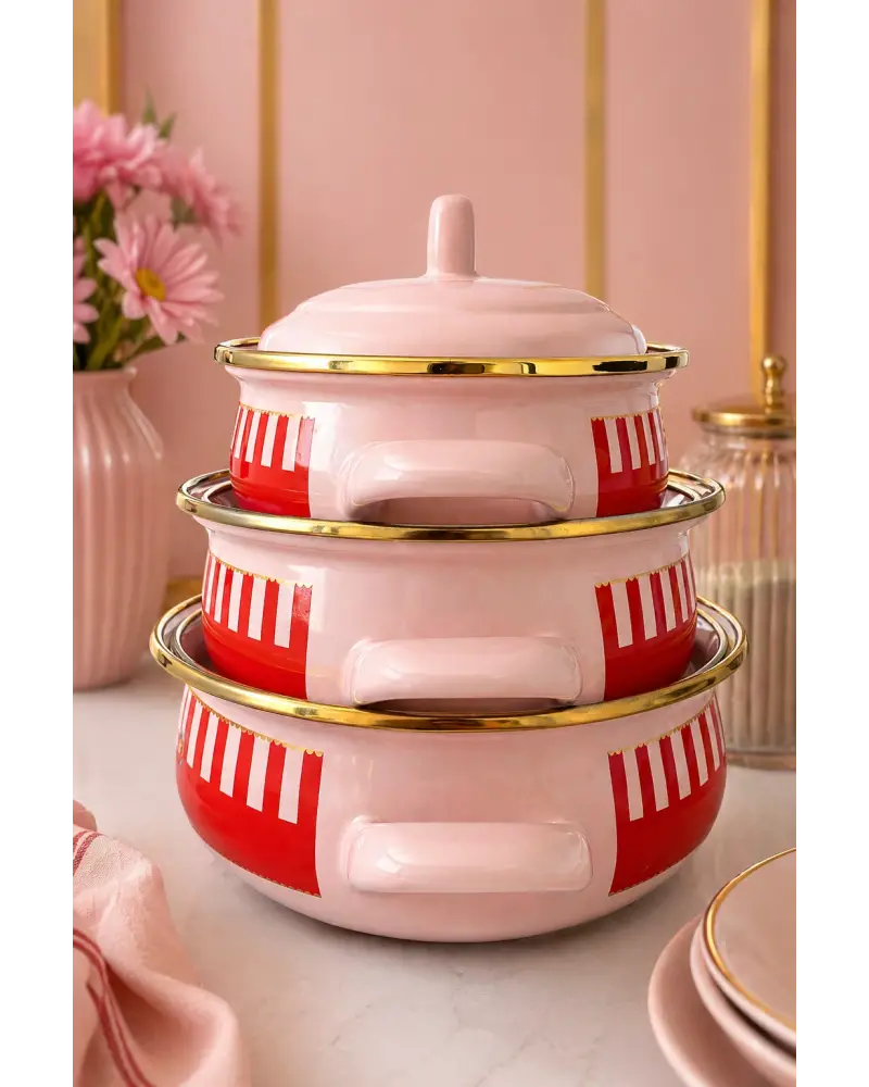 PR Home Alaria Pembe Emaye Mini Tencere Seti 12-14-16 cm