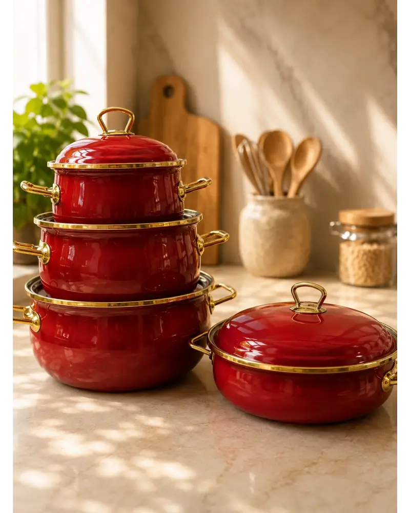 PR Home Bordo Derin Bombeli Emaye Tencere Seti 16 - 20 -24 - 26 cm Tencere Seti