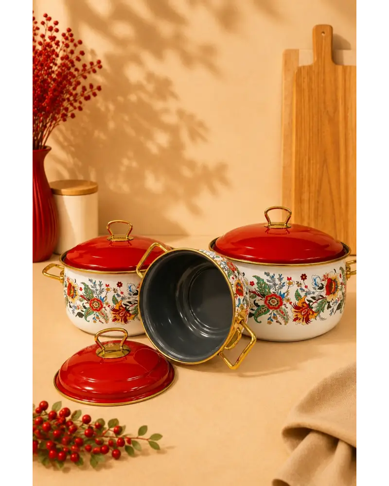 PR Home Magnolia Derin Bombeli Emaye Tencere Seti 16-20-24 cm