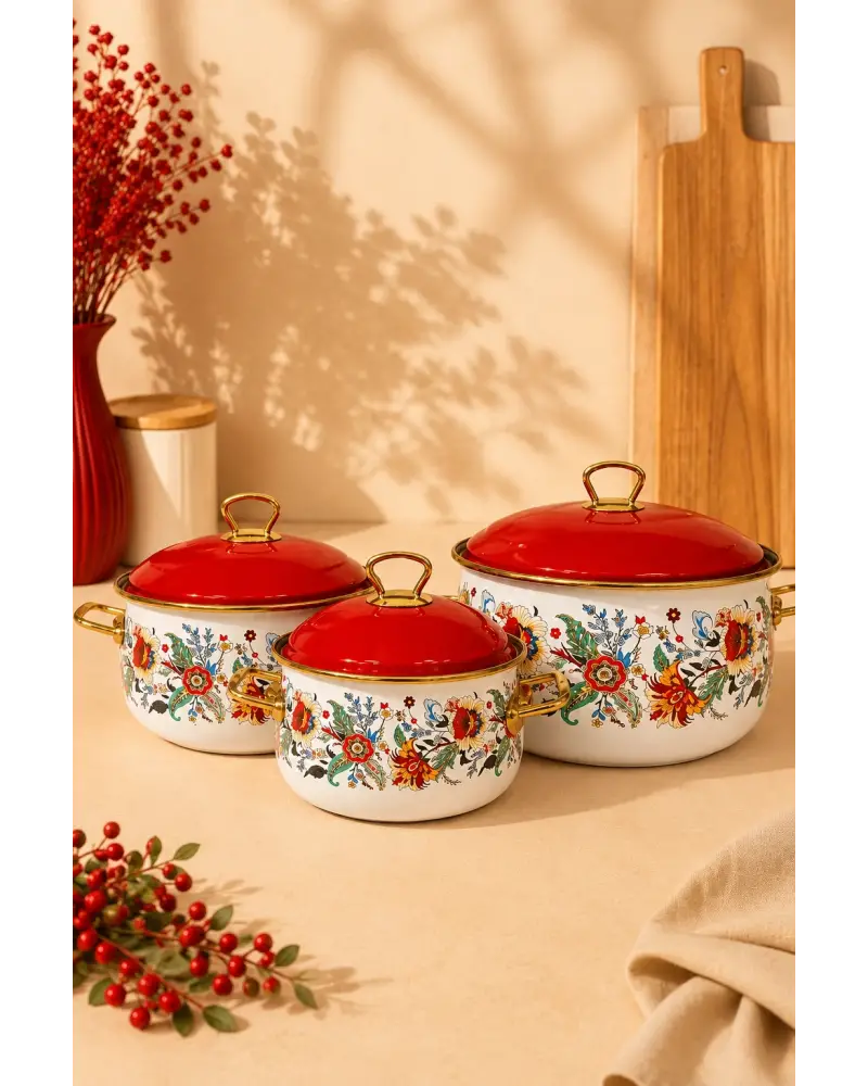 PR Home Magnolia Derin Bombeli Emaye Tencere Seti 16-20-24 cm