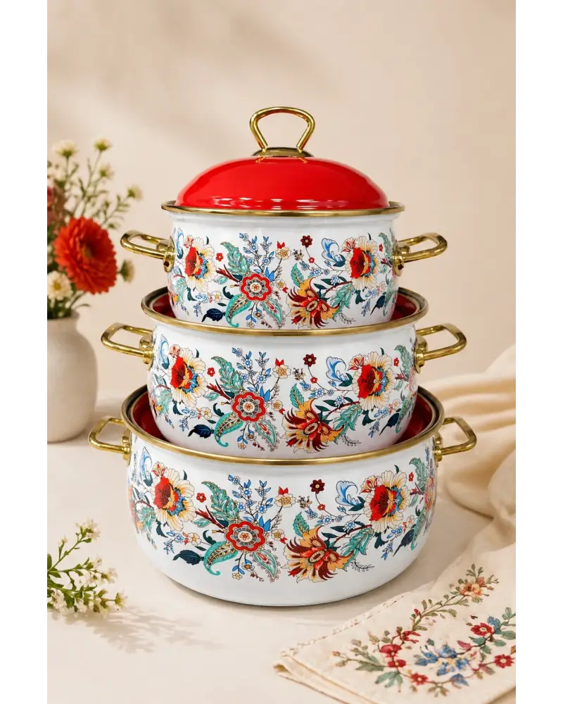 PR Home Magnolia Derin Bombeli Emaye Tencere Seti 16-20-24 cm