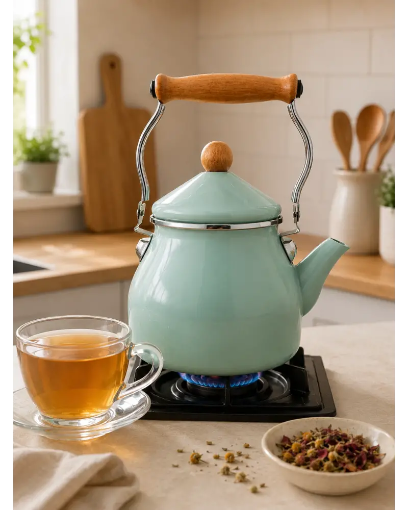 PR Home Soft Yeşil Emaye Demlik Kettle Büyük 2.1 LT