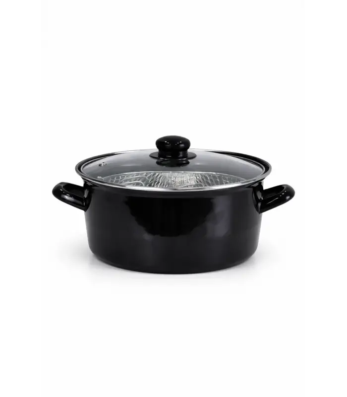 PR Home Emaye Cam Kapaklı Kızartma Tenceresi 24 cm Siyah
